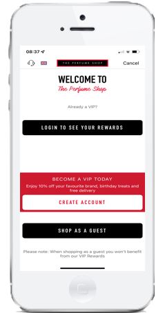 The Perfume Shop app login page