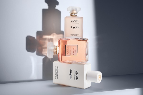 Coco Mademoiselle fragrance and body line bottles