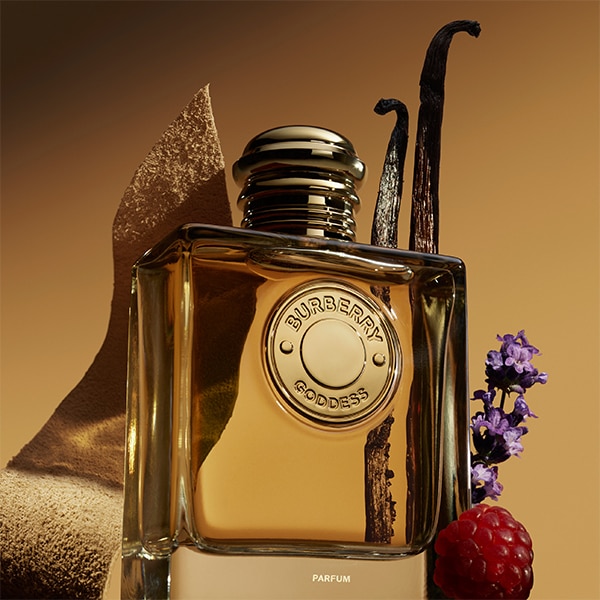 Burberry goddess parfum key visual with all ingredients