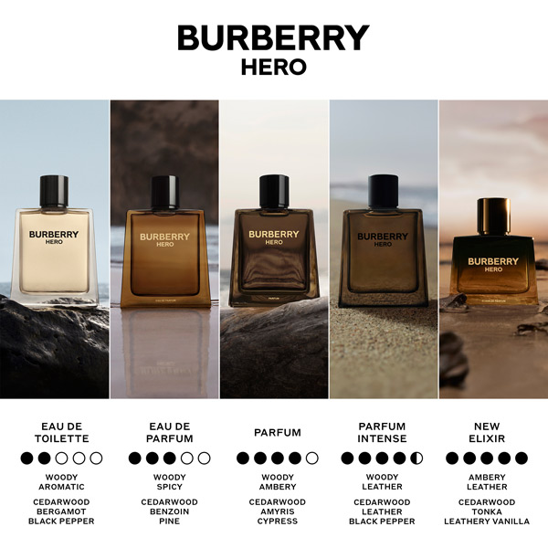 Burberry Hero Elixir fragrance comparison chart highlighting scent profile, intensity and key differences across the Hero range
