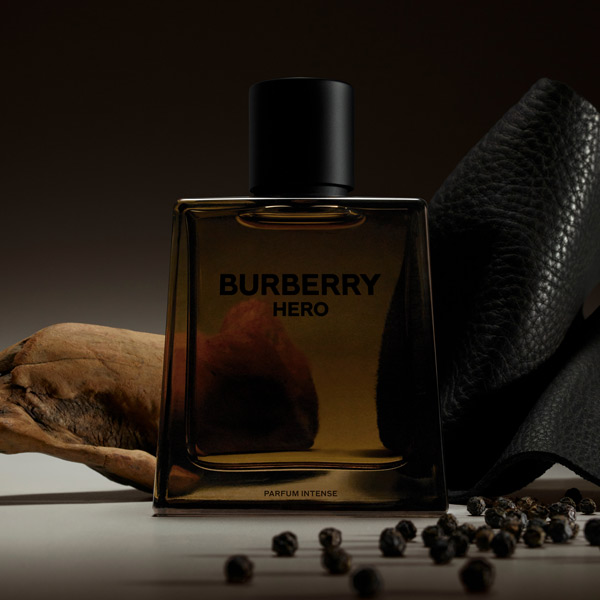 Burberry Hero Parfum Intense fragrance campaign image highlighting the powerful woody amber scent and bold masculine character