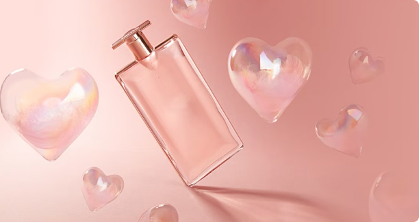 Perfume bottle with hearts around it