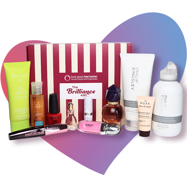 A charity box with lip sticks and perfume, with a background of a pink and blue heart
