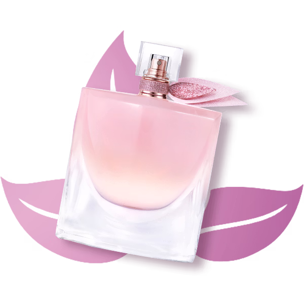 A bottle of la vie est belle vanille nude laid flat on a pink leaf shape
