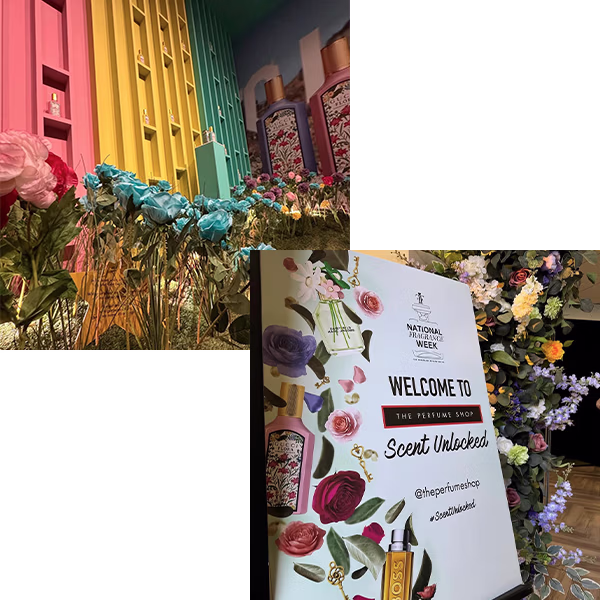 Two smaller visuals, one with a rainbow of flowers, the other with a poster saying 'Welcome to the perfume shop scent unlocked'