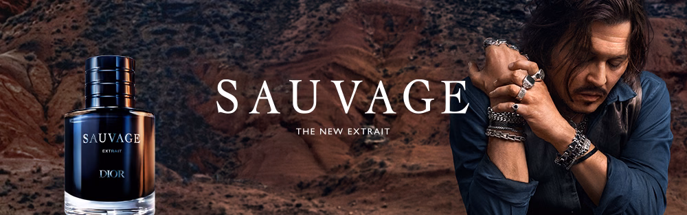 Jonny Depp in a desert with a bottle of Dior Sauvage Extrait