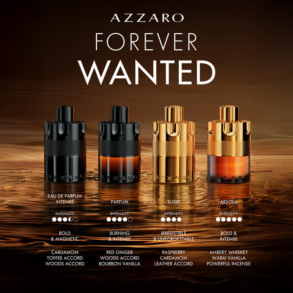 Azzaro Forever Wanted featuring four cologne bottles standing on a reflective amber surface. From left to right: a black Eau de Parfum Intense, a black Parfum, a gold Elixir, and a gold-and-amber Absolu bottle, with the headline “AZZARO FOREVER WANTED” above and fragrance notes and intensity icons listed beneath each bottle.