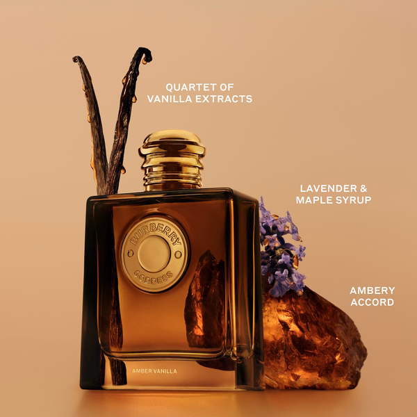A bottle of burberry, with amber, vanilla and lavender behind it