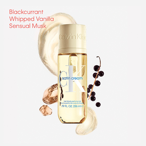 Calvin Klein CK One Satin Cream body mist bottle with blackcurrant, vanilla and musk notes