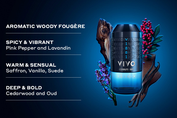 Lifestyle detail image for Cerruti 1881 VIVO Elixir Eau de Parfum, featuring warm, golden lighting and rich textures that evoke intensity and depth. The dark, atmospheric composition highlights reflective surfaces and moody tones, reinforcing the fragrance’s bold, woody‑amber character and premium feel.