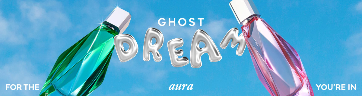 Hero banner image for the Ghost Dreams Collection, featuring several pastel‑coloured fragrance bottles arranged together against a soft, dreamy background