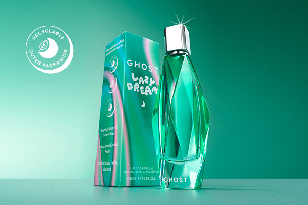 Ghost Lazy Dream perfume bottle from the Dreams Collection by Ghost, soft curved design in calming pastel tones
