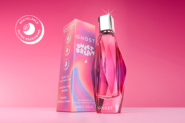 Ghost Sweet Dreams perfume bottle shown in a dreamy pastel setting with soft lighting and airy, cloud‑like textures.