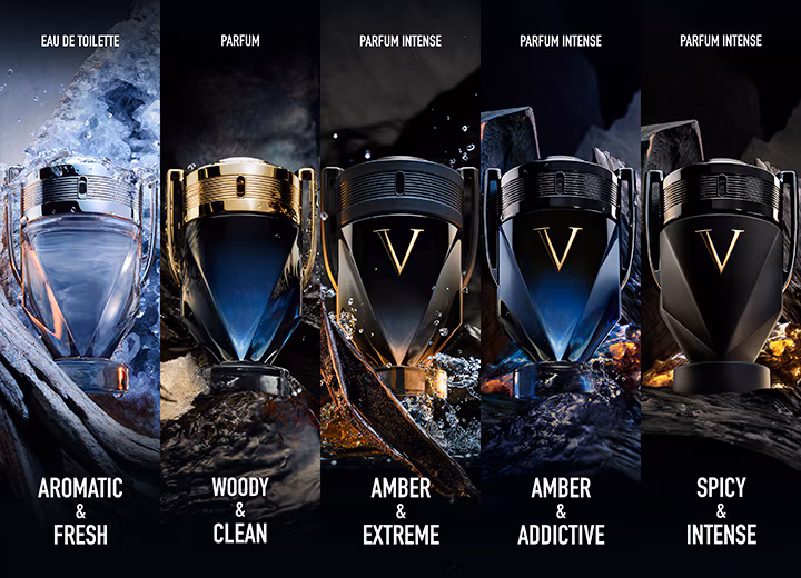 Fragrance range showing five V‑shaped perfume bottles, from aromatic fresh to spicy intense, displayed on rock and ice backgrounds by scent type.