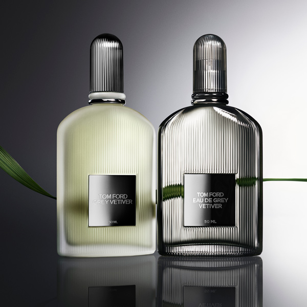 Tom Ford Grey Vetiver collection showing multiple fragrance formats arranged on a light background.